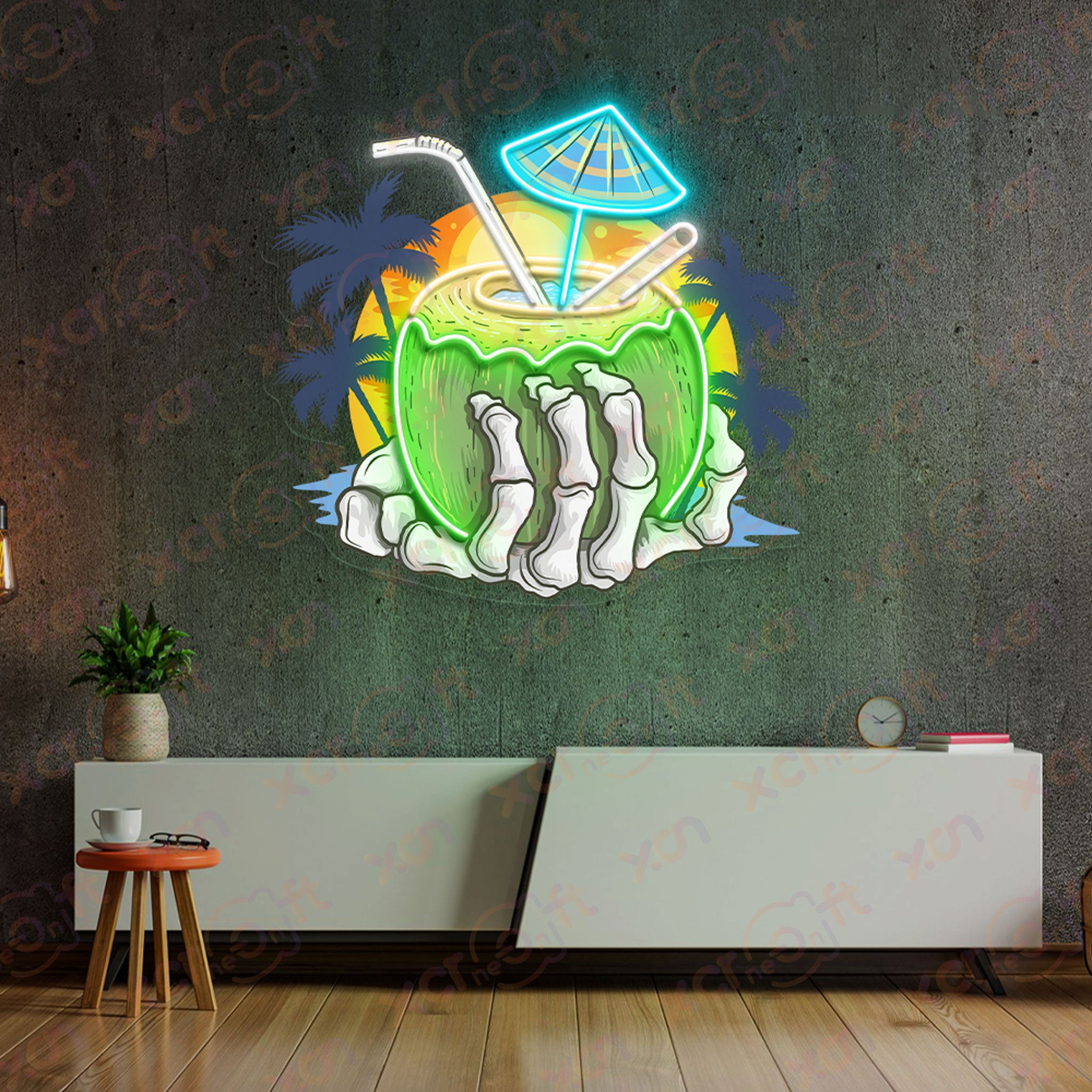 Skeleton Tropical Coconut UV Neon Light Room Decor