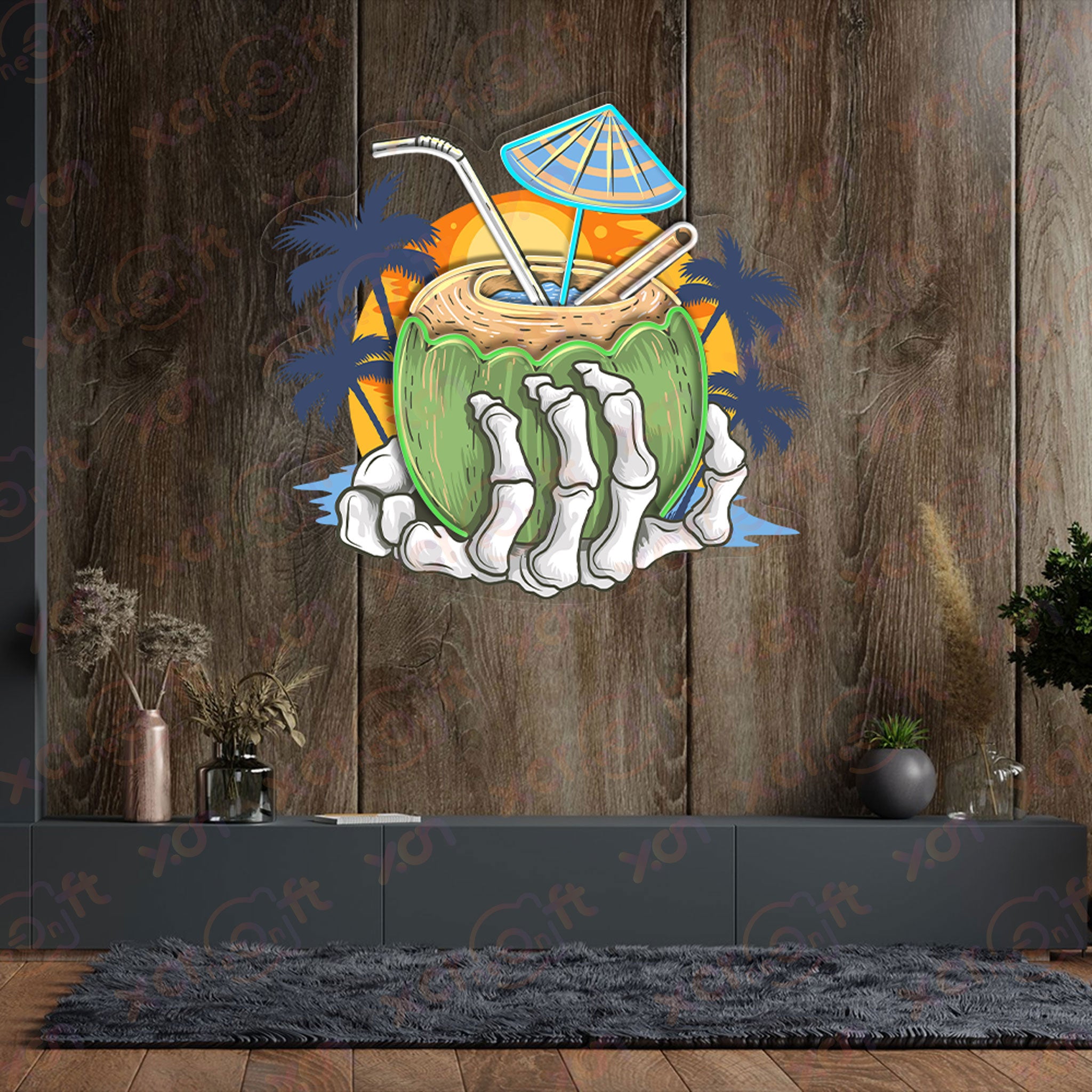 Skeleton Tropical Coconut UV Neon Light Room Decor