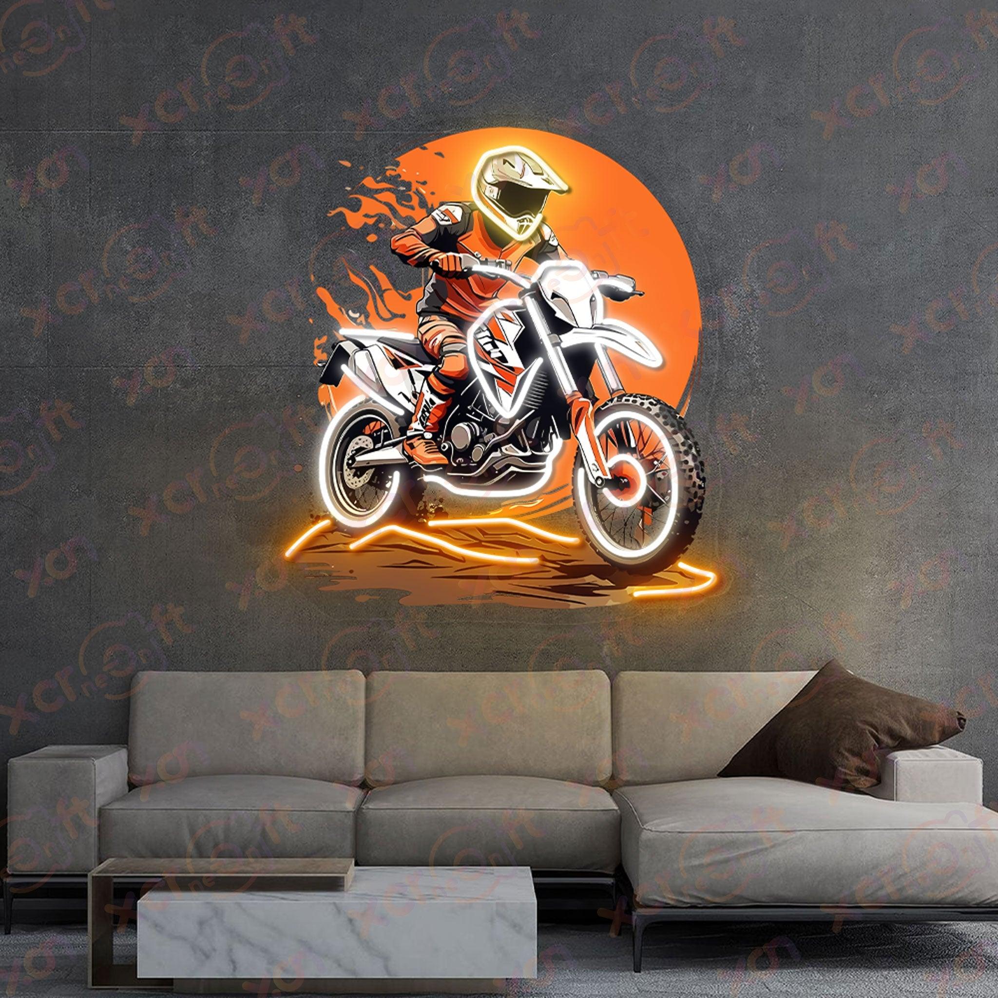 Orange High-Speed Dirt Bike Neon Wall Art Decor