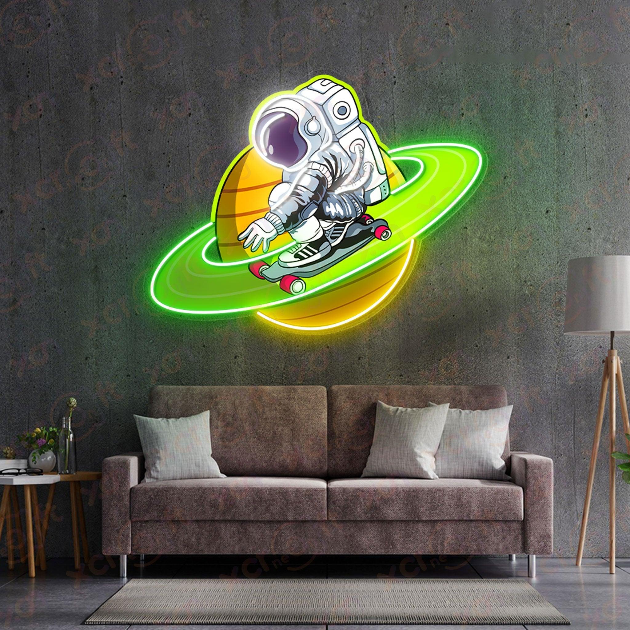 Green Astronaut Skateboarding Decoration UV Printed Neon Signs