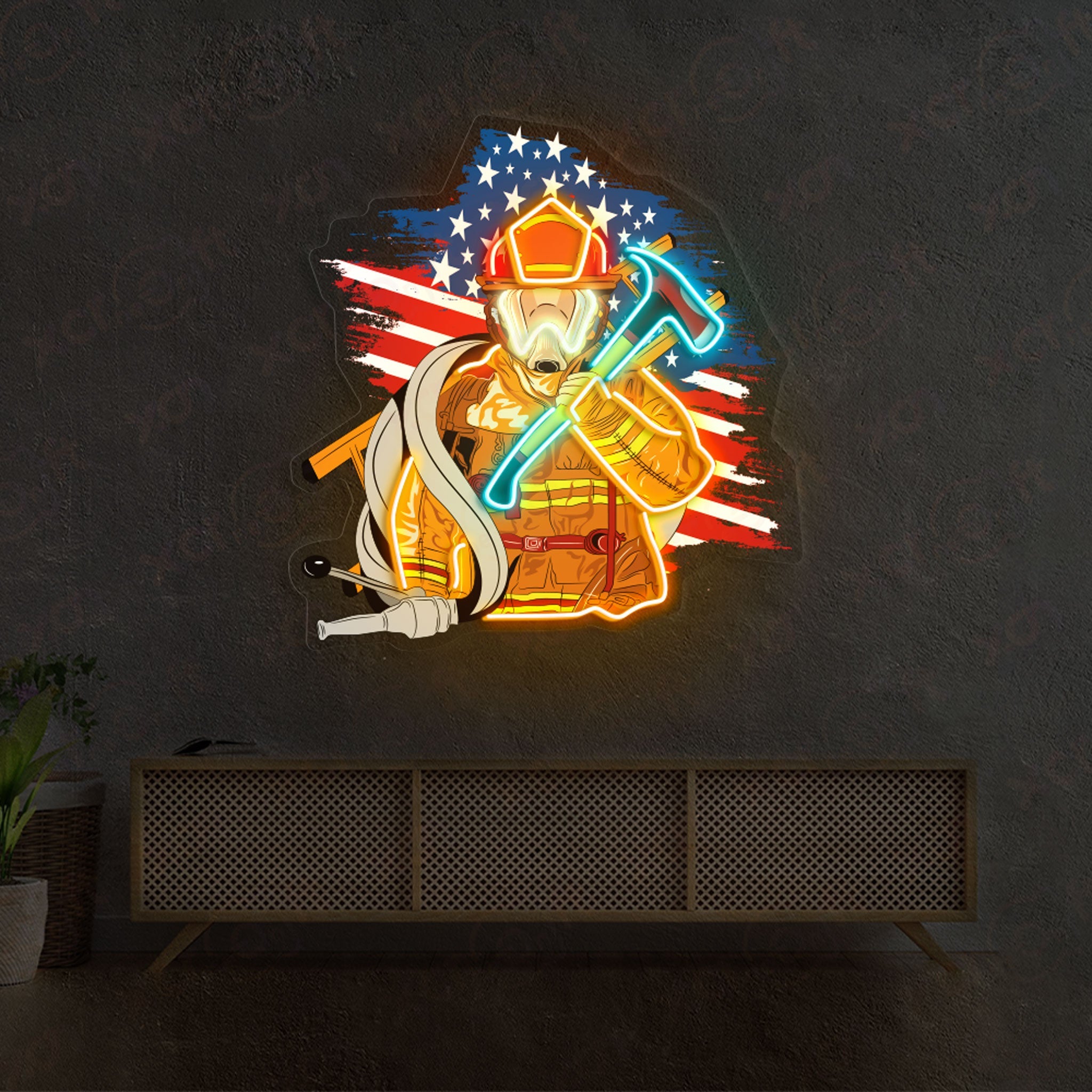 US Firefighter UV Printed LED Neon Sign Patriotic Art Decor