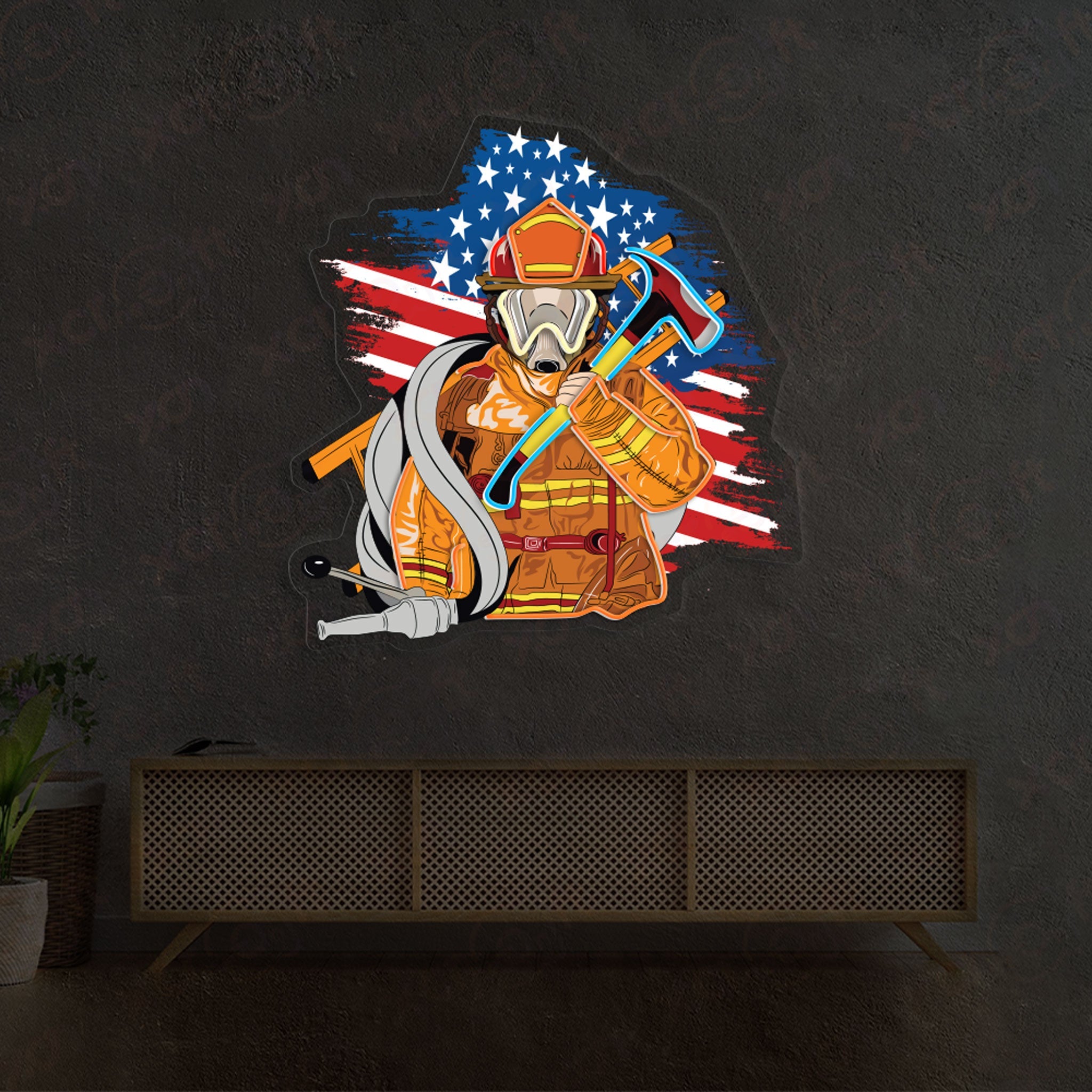 US Firefighter UV Printed LED Neon Sign Patriotic Art Decor