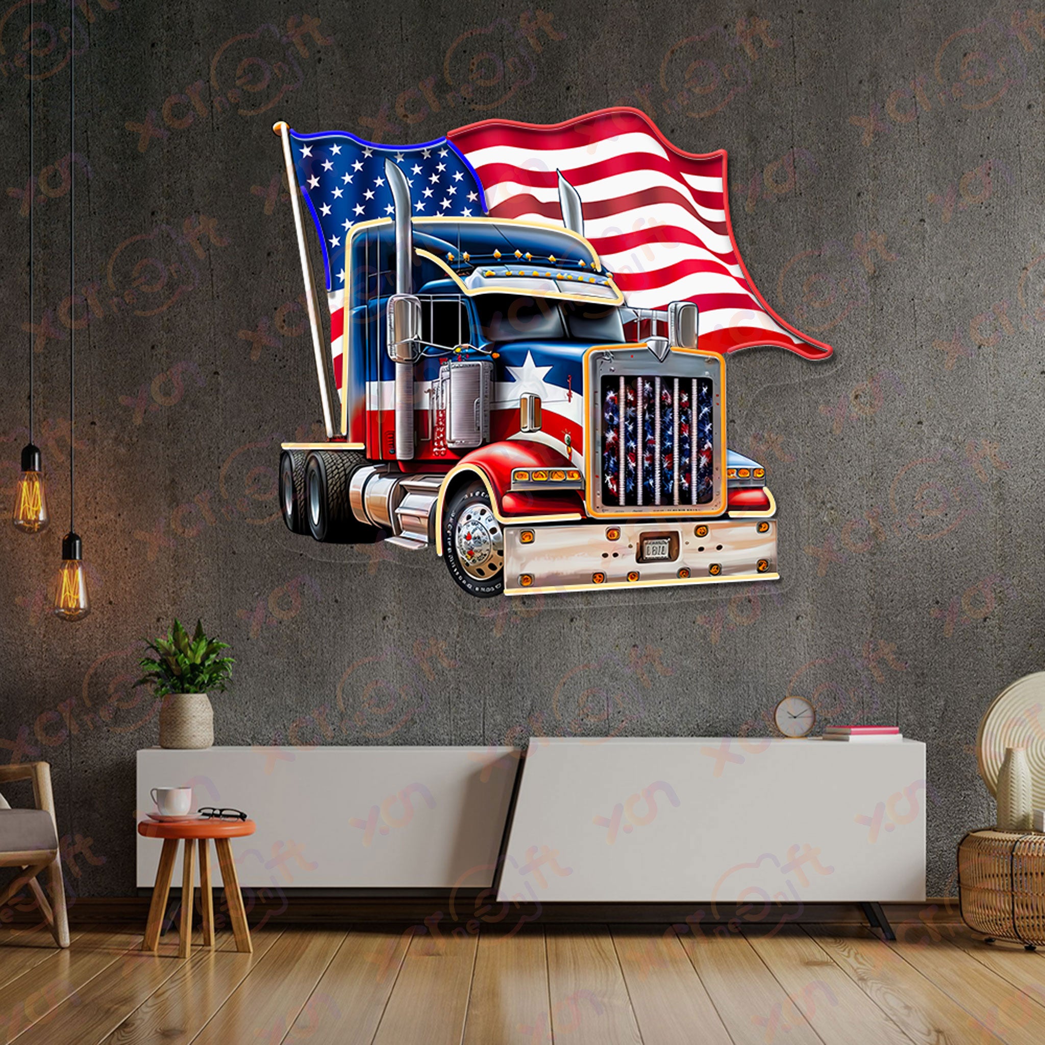 Semi Truck US Flag Color Neon