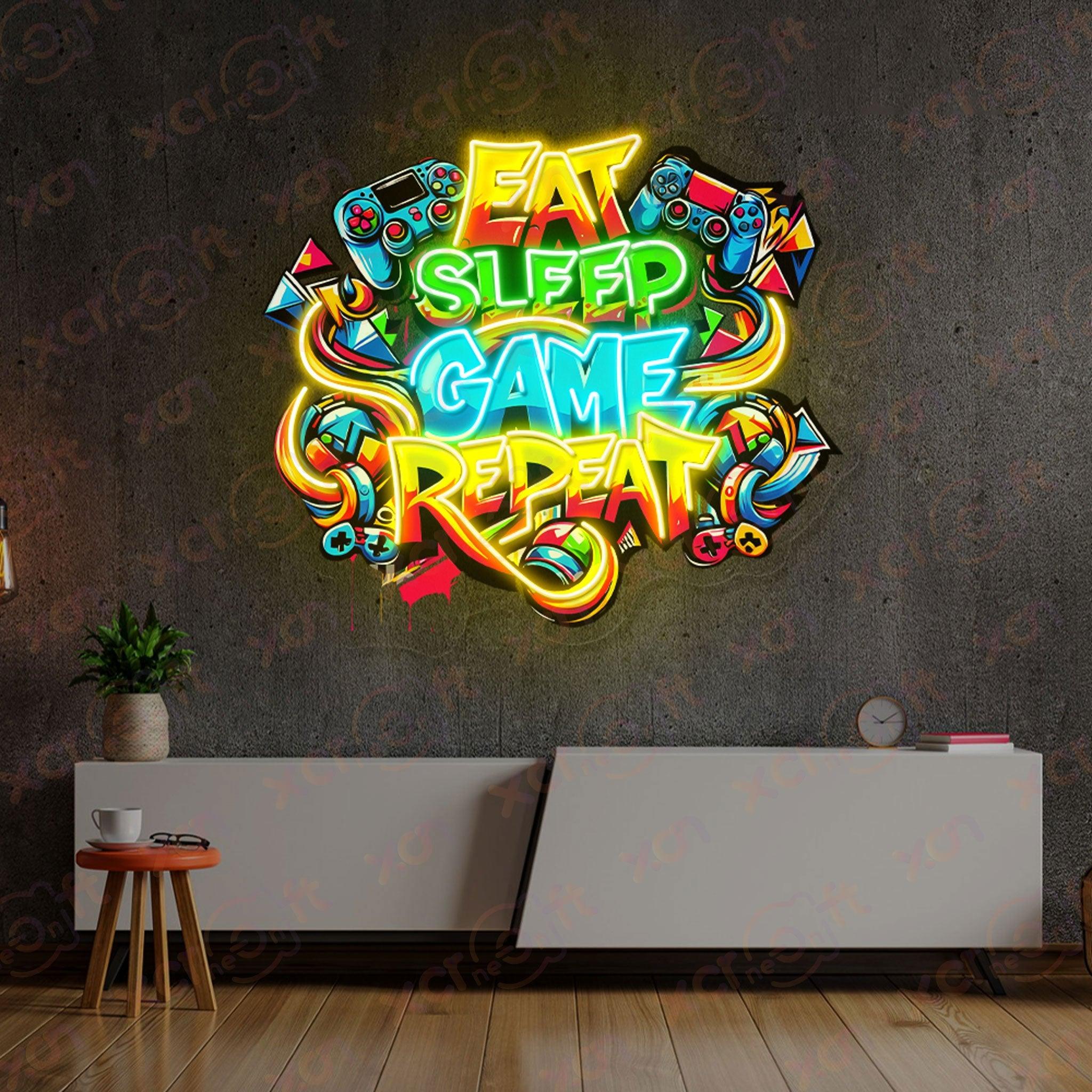 Eat Sleep Game Repeat Printed LED Neon Sign Wall Art