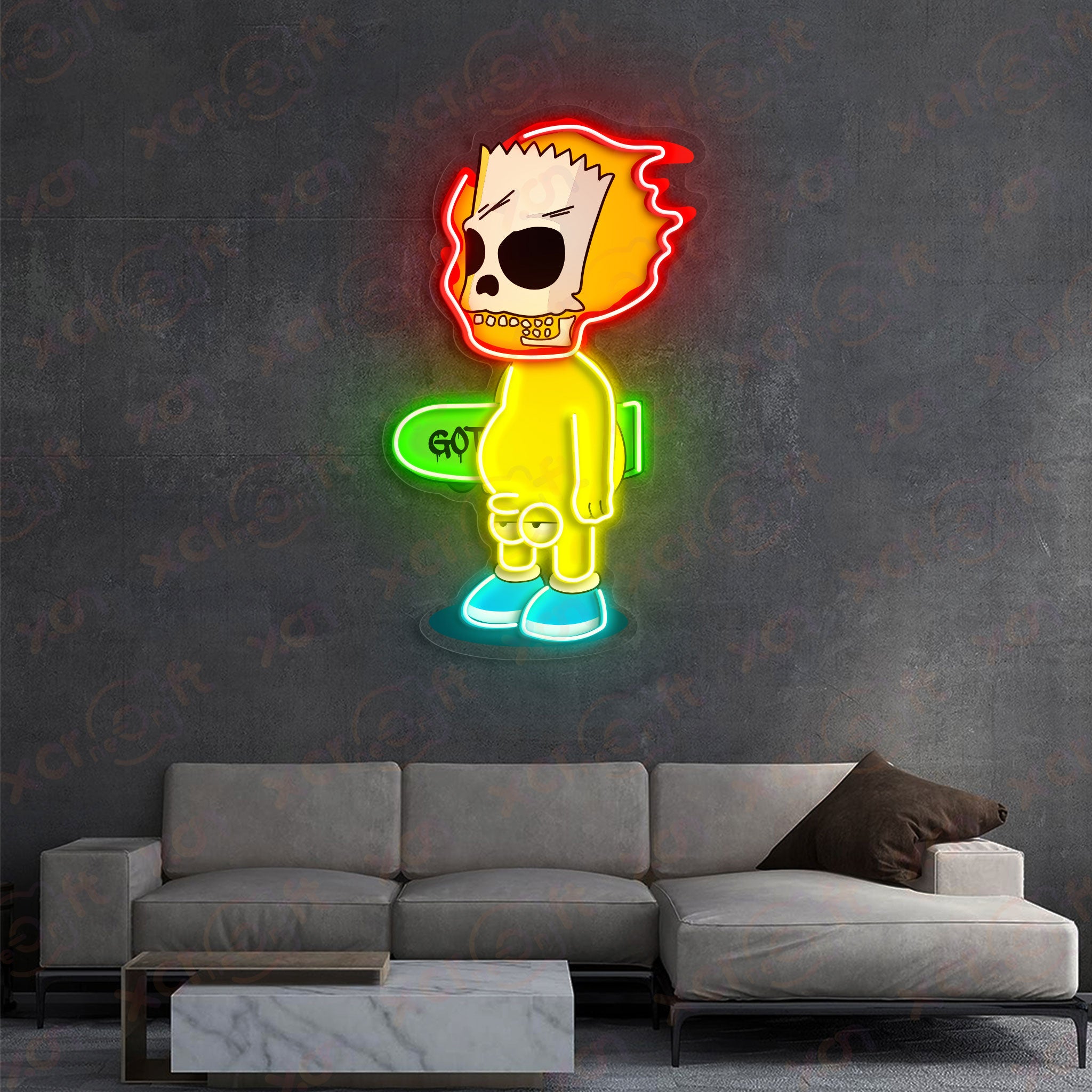 Yellow Cartoon Skate Skull Neon Wall Art Decor for Halloween