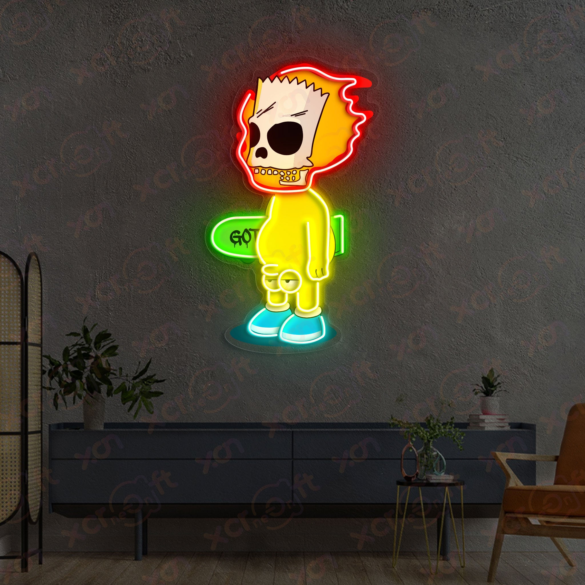 Yellow Cartoon Skate Skull Neon Wall Art Decor for Halloween