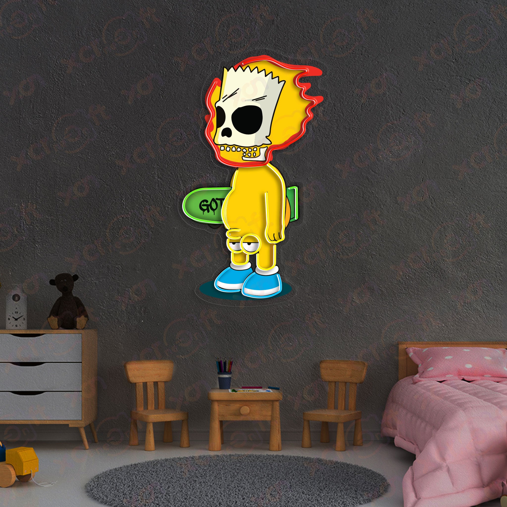 Yellow Cartoon Skate Skull Neon Wall Art Decor for Halloween