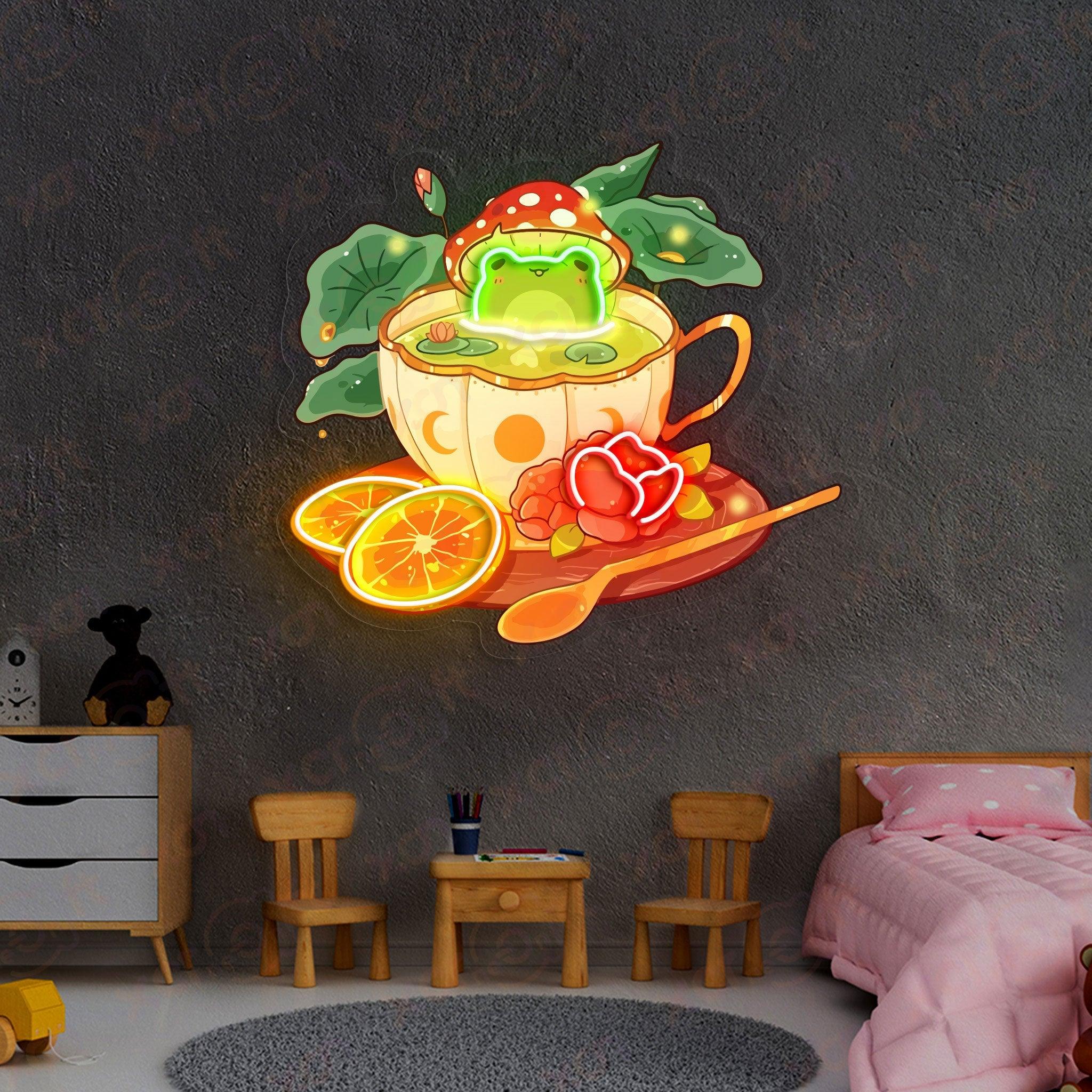 Cute Frog Tea Cup Neon Wall Art Kids Room